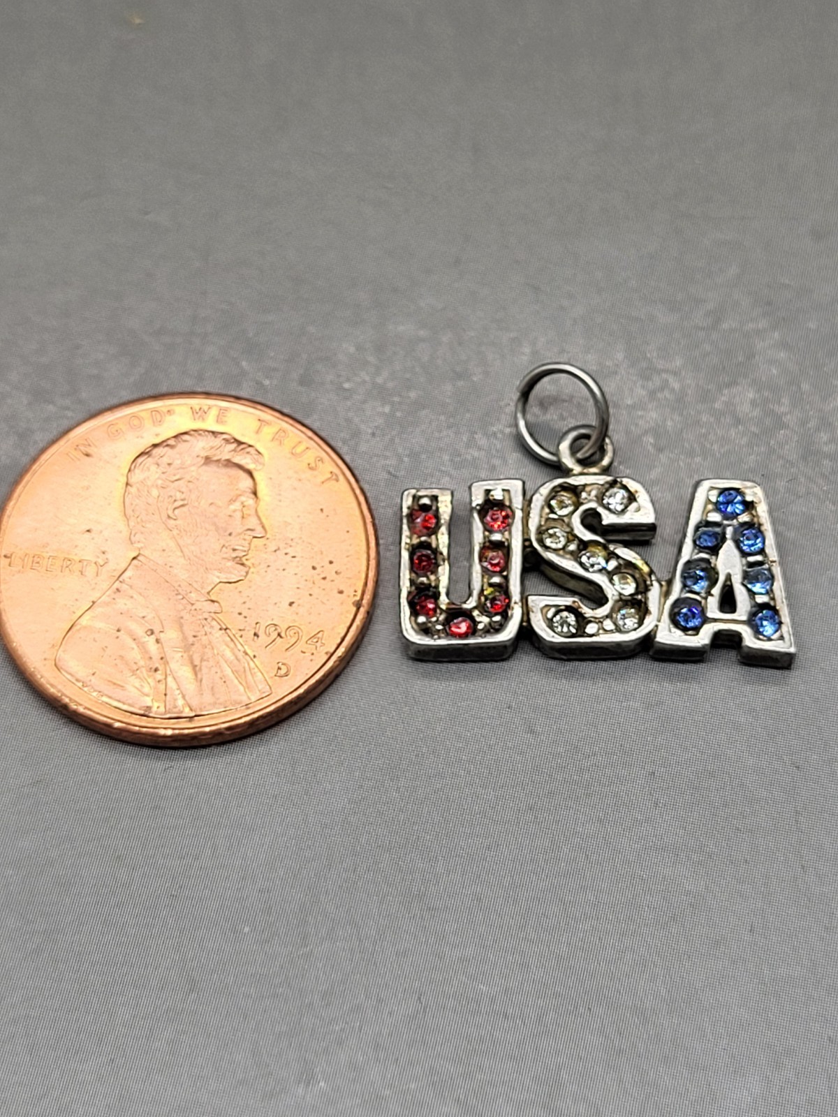 .925 Sterling Silver Red White Blue Crystals USA Pendant For 250TH Anniversary