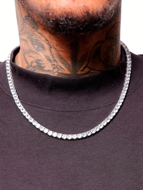 12 Ct Moissanite Round Cut Men’s Tennis Necklace Diamond 14k white Gold Plated