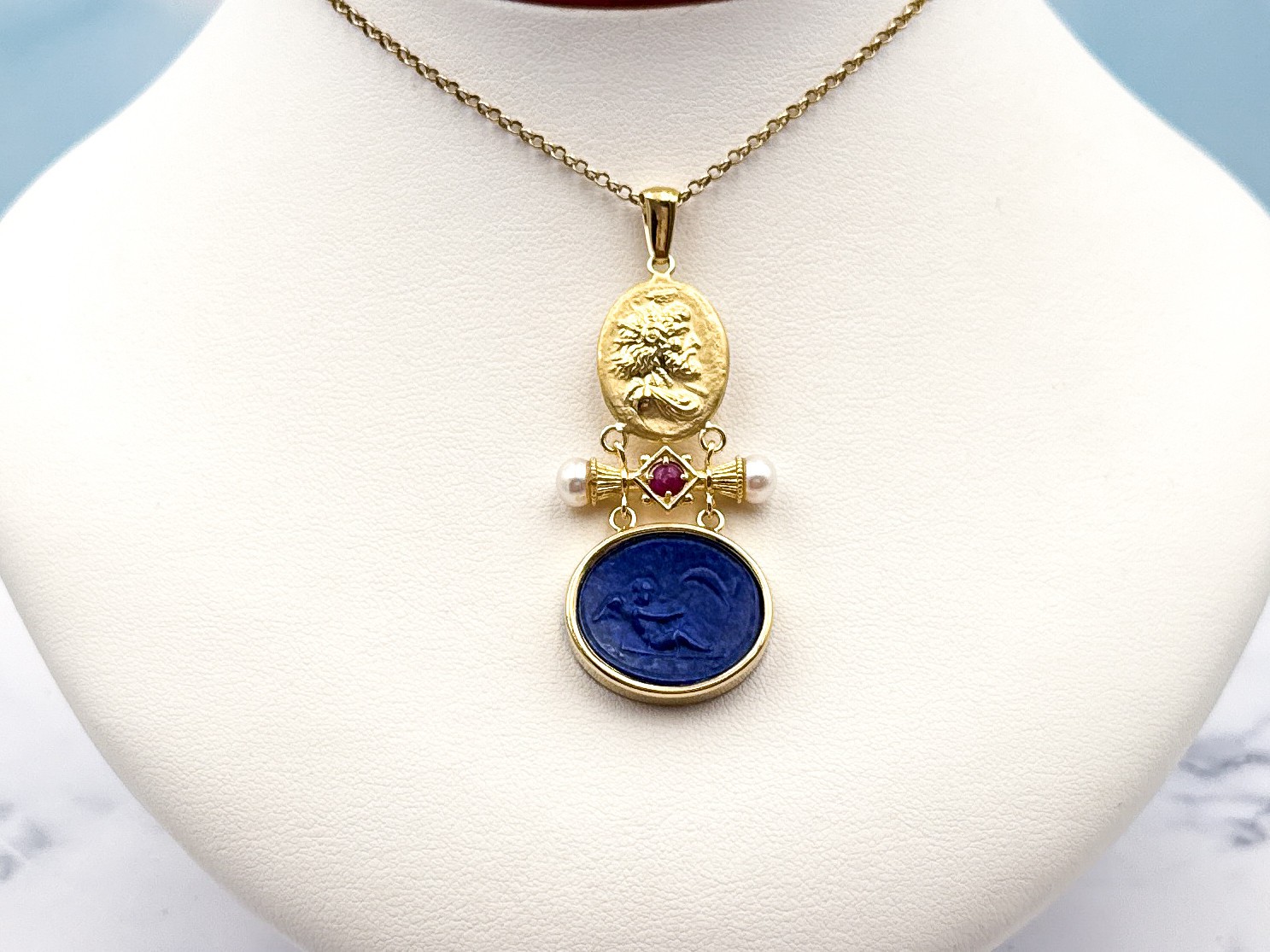TAGLIAMONTE Designs (2385P-Lapis) 925SS/YGP Lapis Cameo Pendant *Cupid*Reg.$200