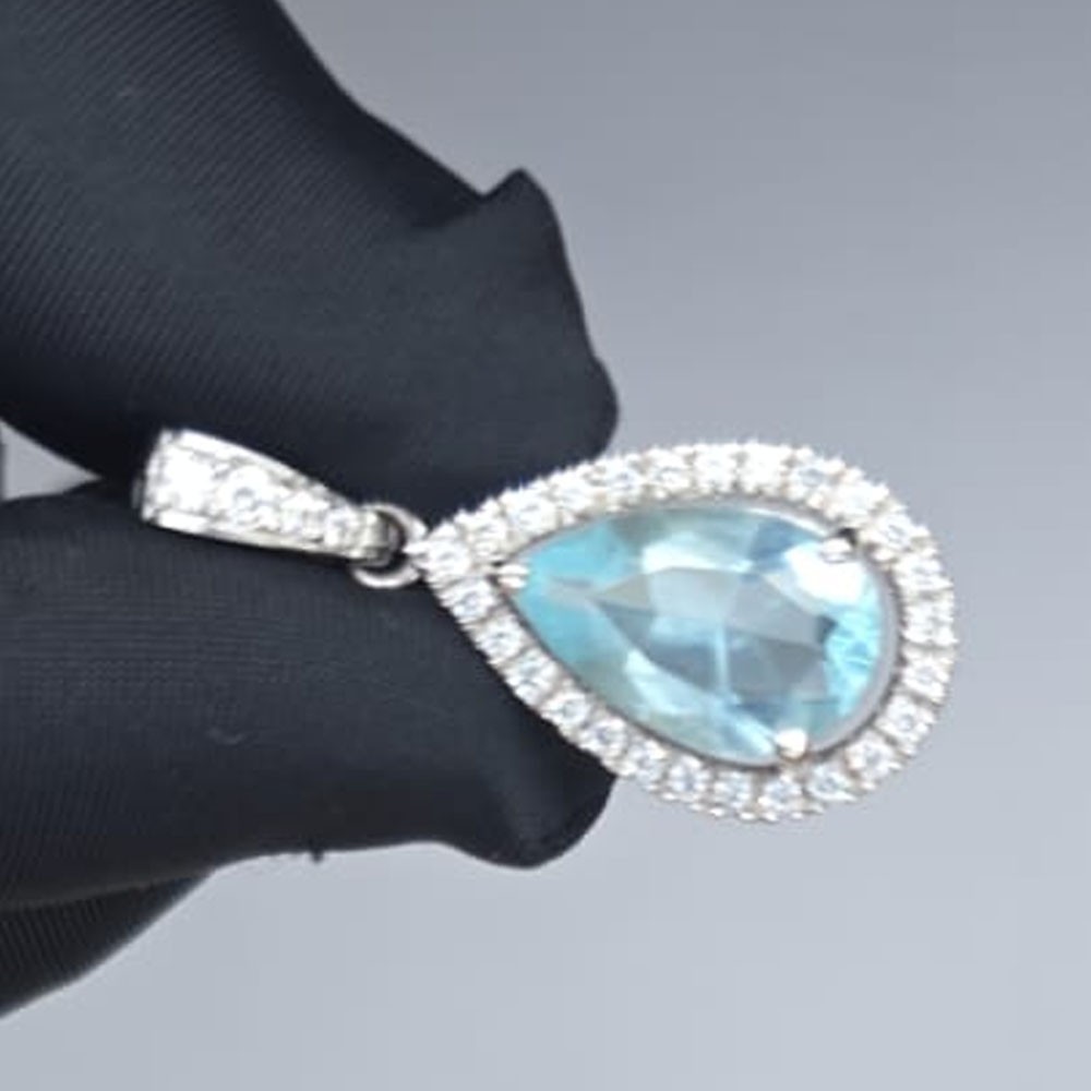 5.14ct Pear Cut Natural Aquamarine Gemstones Diamond Pendant Real 14K White Gold
