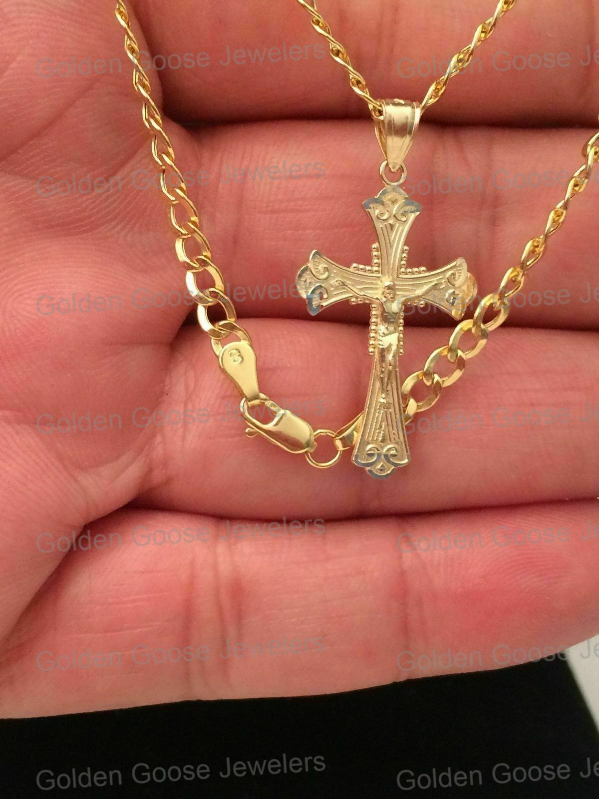 10k Yellow Gold Jesus Crucifix Cross Pendant Charm Cuban Link Chain 16″ – 24″