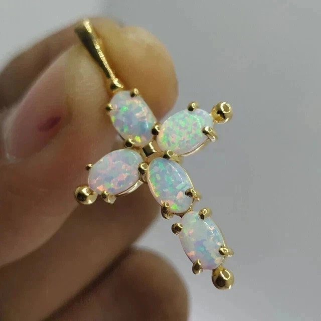 2.00Ct Oval Cut Lab Created Fire Opal Cross Pendant 14K Yellow Gold Plated