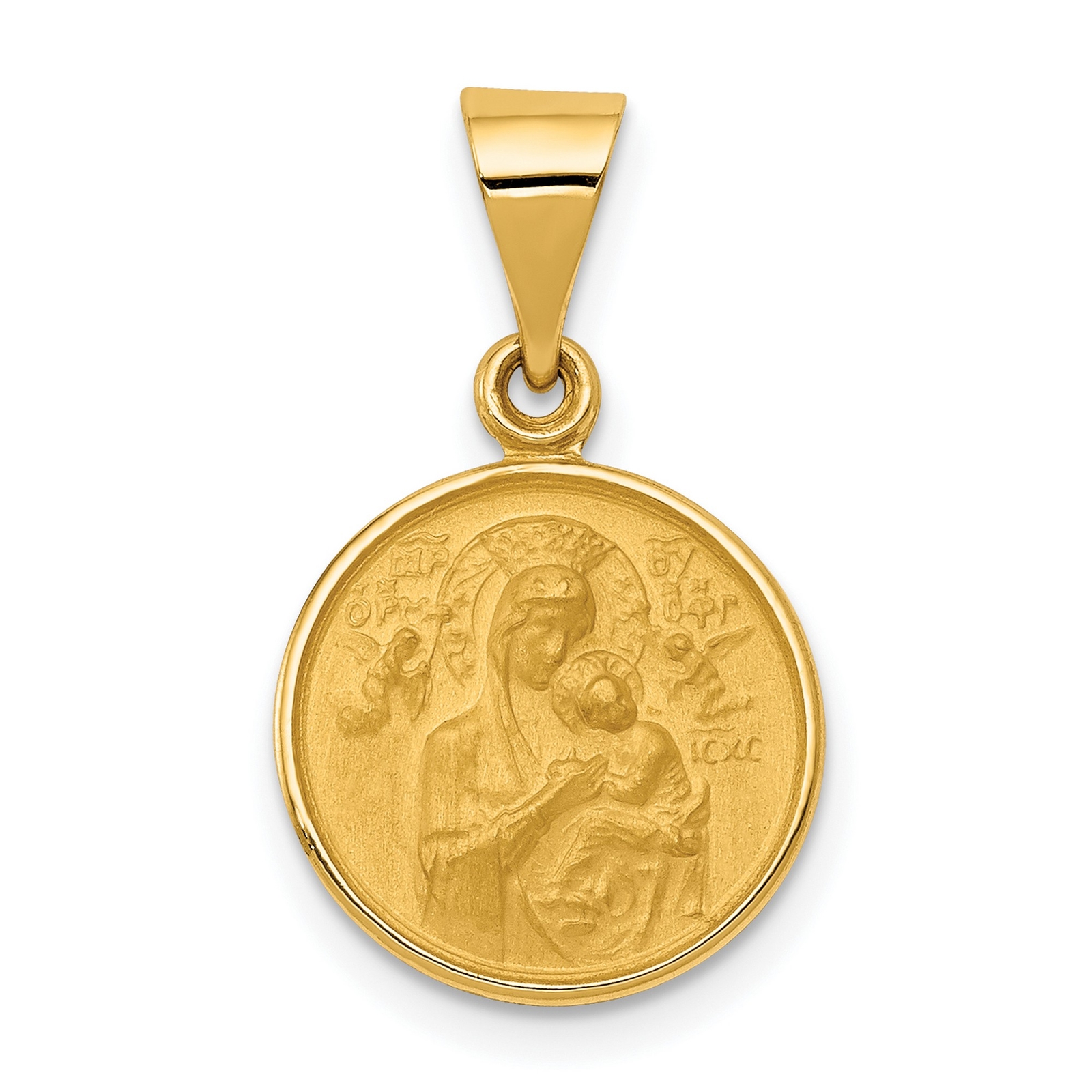18k Yellow Gold Our Lady of Perpetual Help Pray For Us Words Round Pendant