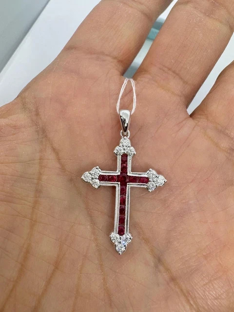 Round Cut Lab Created Red Ruby Womens Cross Pendant Chain 14K White Gold Plated