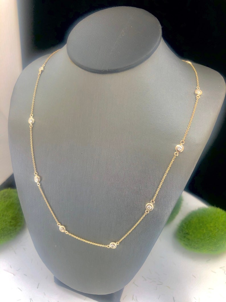 Best Seller ! Station Necklace Round Cut Natural Diamond 14k Solid Yellow Gold