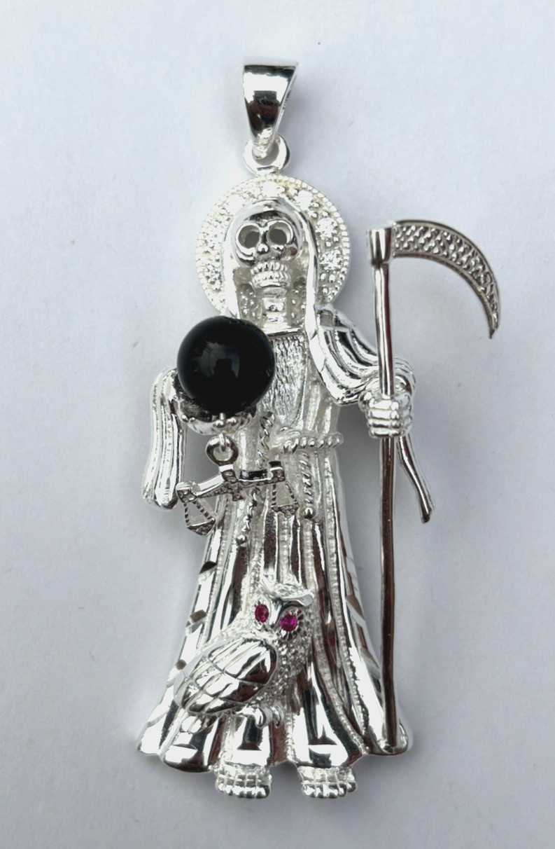 2.5″ ICED 925 STERLING SILVER LA SANTA MUERTE GRIM REAPER PENDANT CZ ONYX
