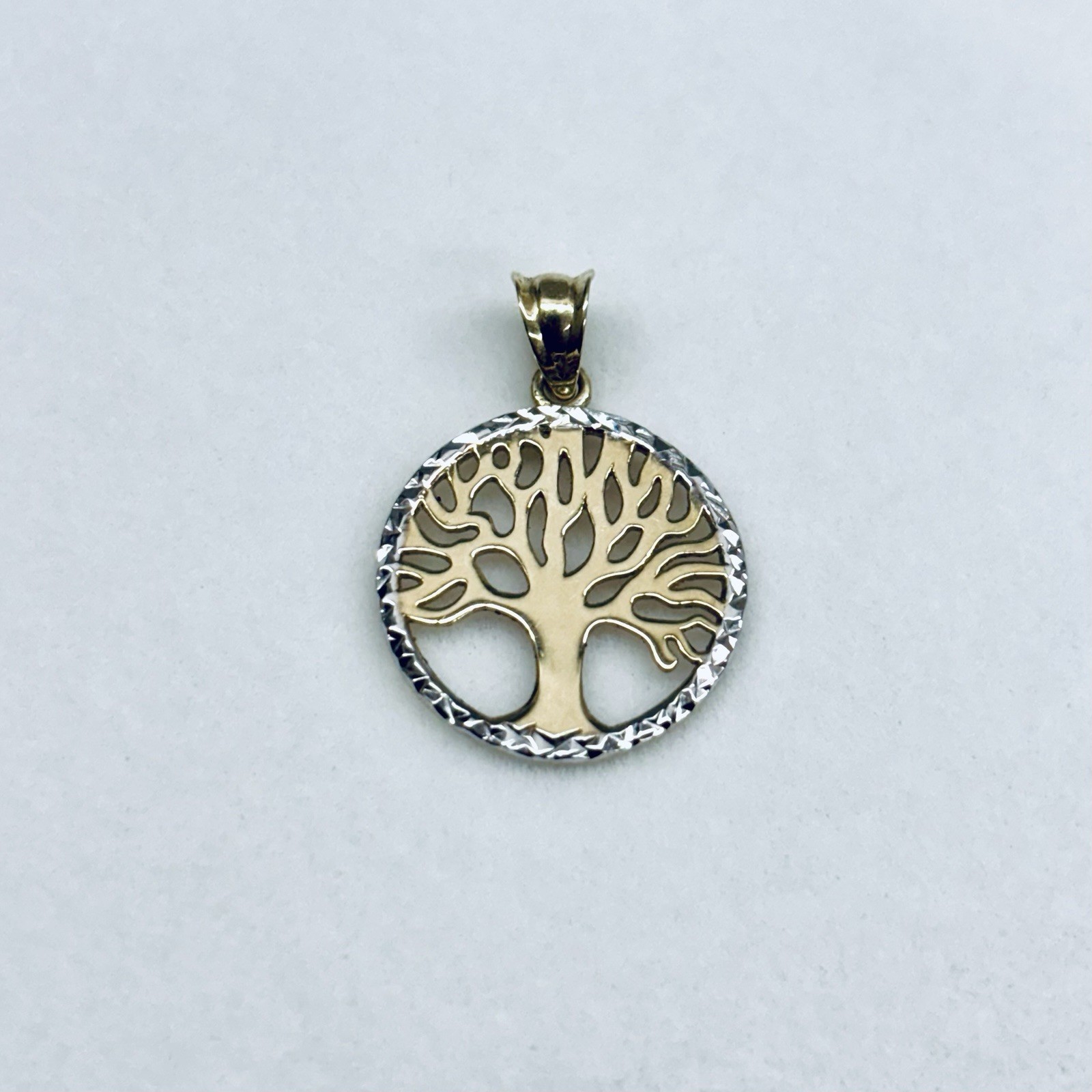 10k Yellow Gold Tree Of Life Diamond Cut Halo 2 Tone Round Pendant Charm Turkey