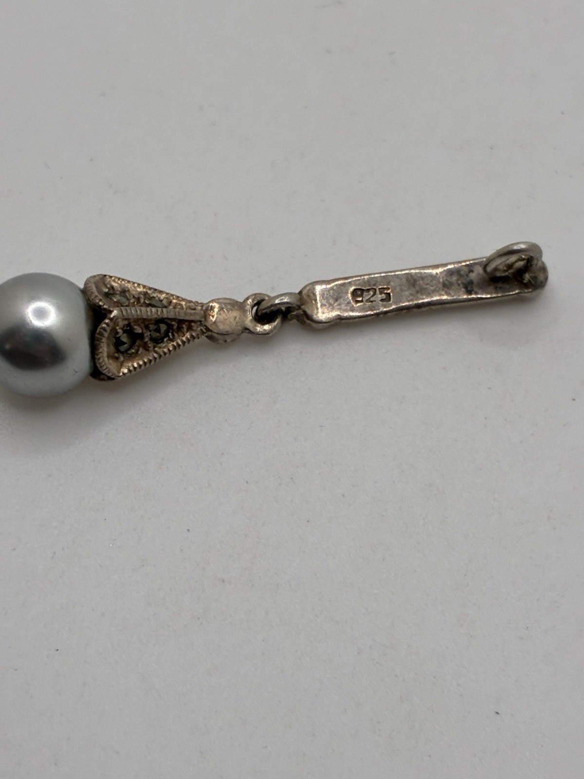 Marcasite Sterling Silver 925 Drop Pendant Silver Pearl Vintage Estate Sale