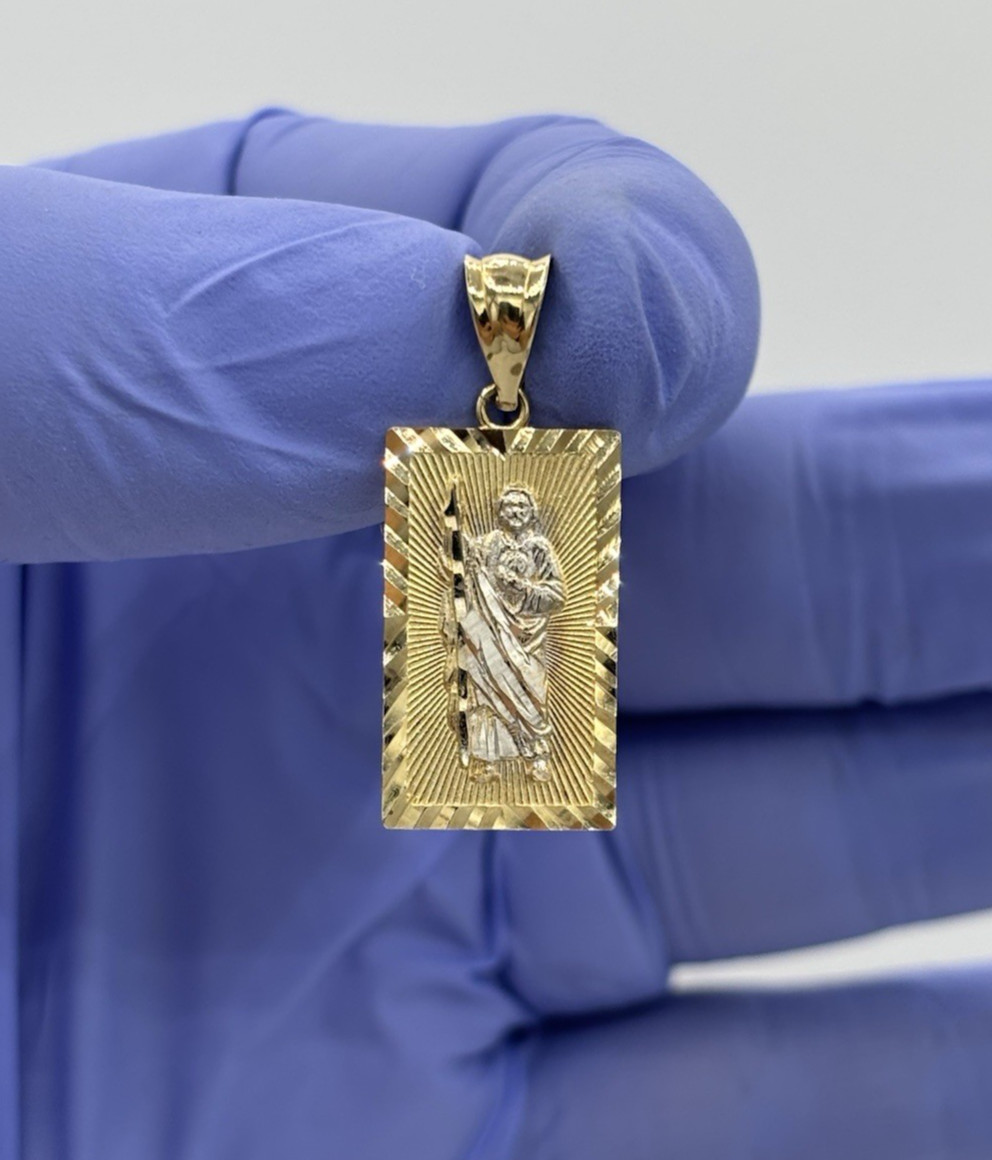 14K Yellow Gold San Judas Religious Pendant Diamond Cut Rectangle 1.22″ 1.94g