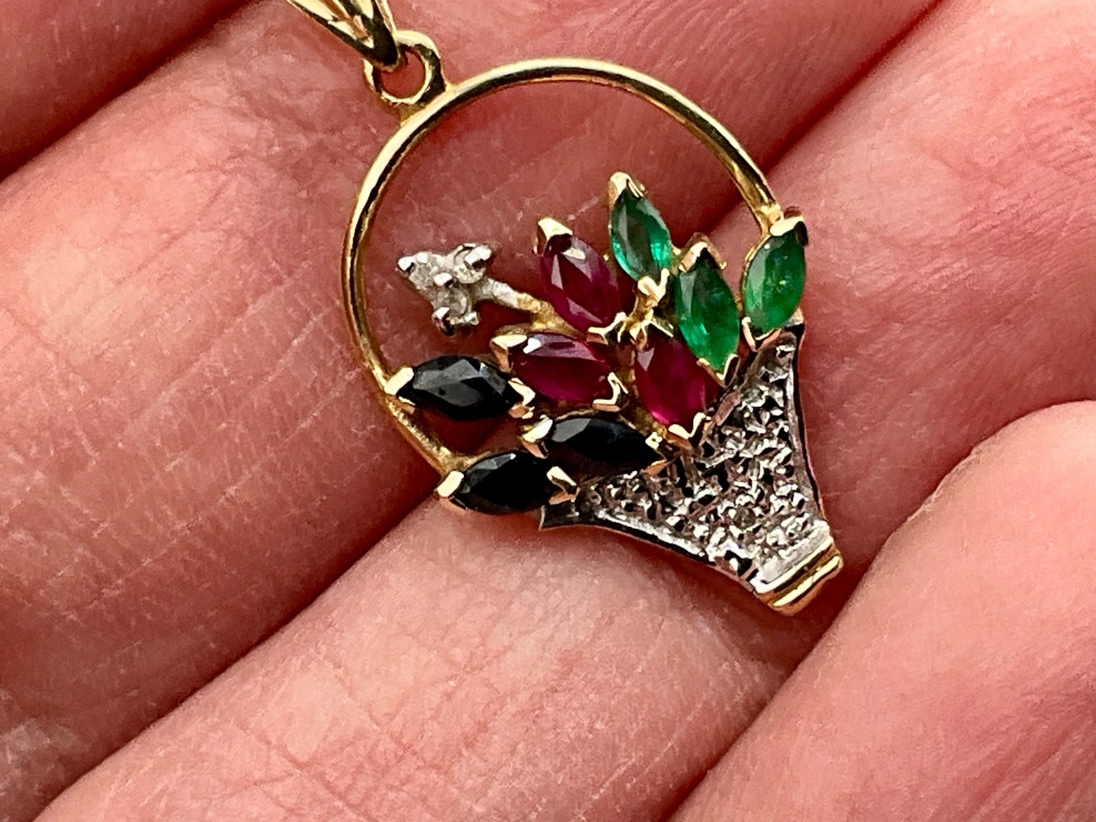 Vintage Minimalist 10k Gold Flower Basket Pendant Ruby Emerald Sapphire Diamond