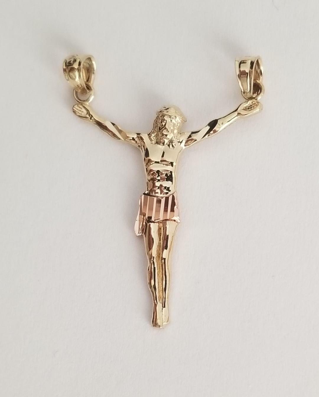 14K Real Yellow Rose Two Tone Gold Jesus Body Crucifix Cross Pendant