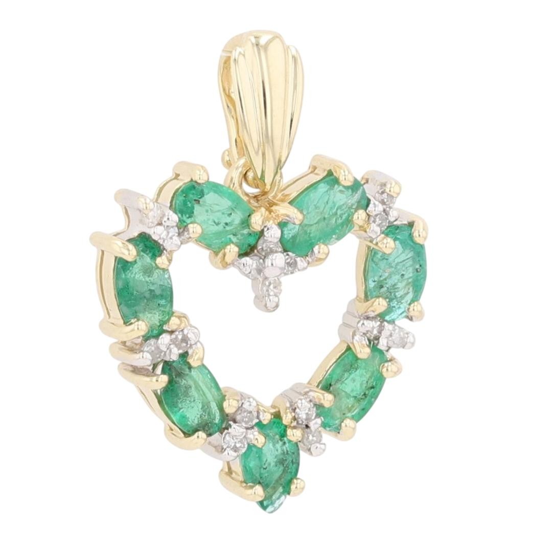 1.28ctw Emerald & Diamond Heart Pendant without Chain 14k Yellow Gold 2.74 Grams