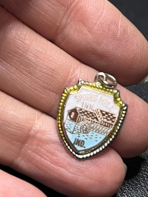 B5681 Vintage Spring Mill Inn IND Sterling Silver Enamel Shield Souvenir Pendant