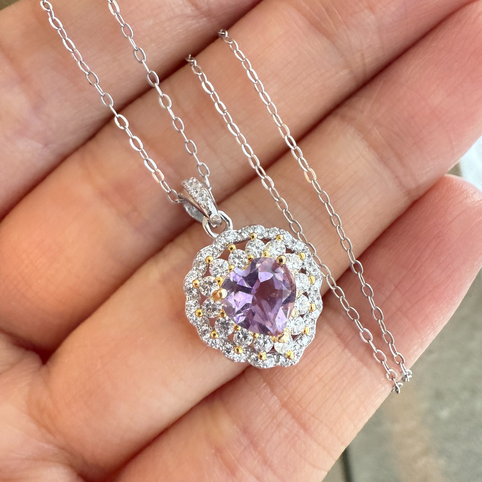 925 Sterling Silver Necklace 5mm Heart Natural Amethyst Gemstone Zircon Chain