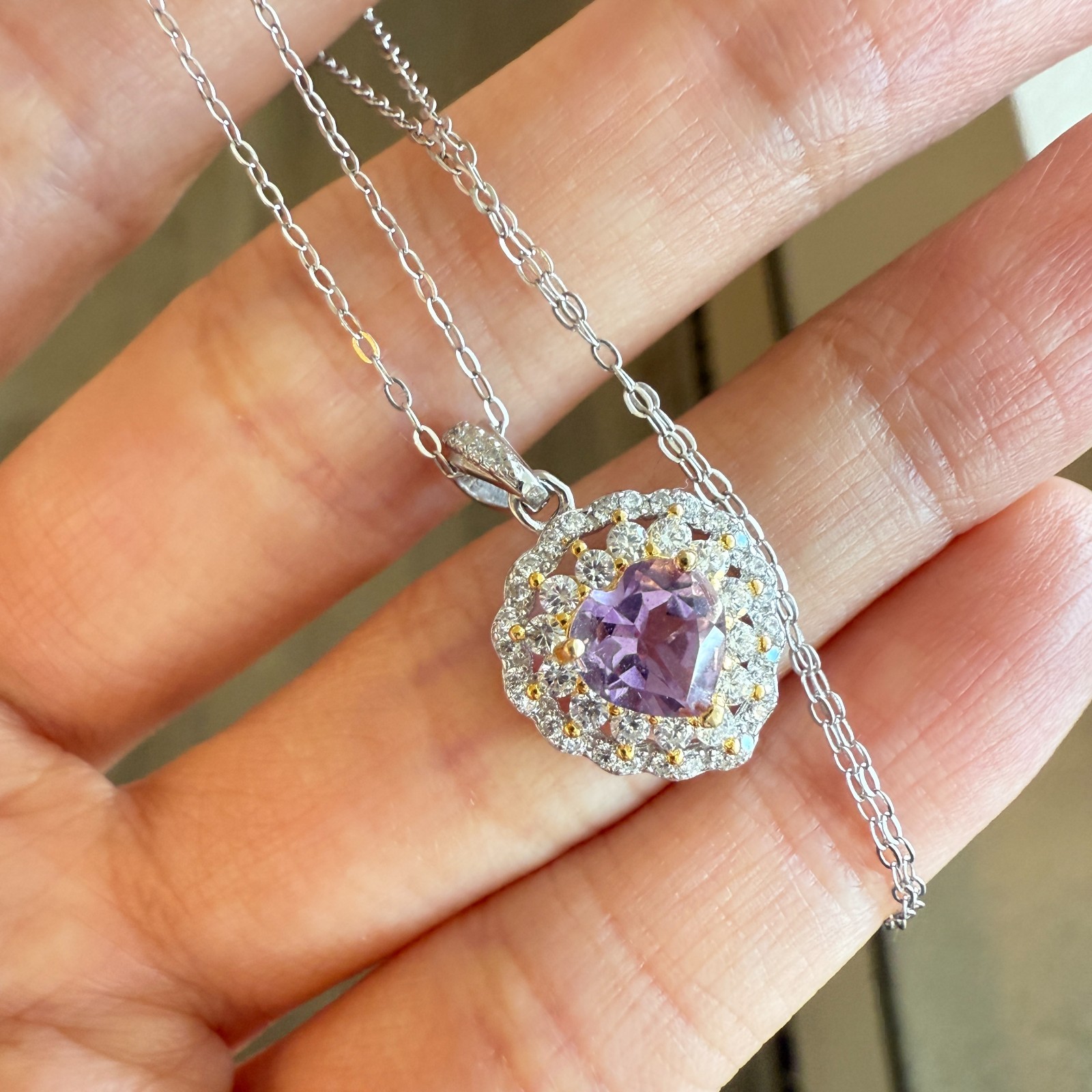 925 Sterling Silver Necklace 5mm Heart Natural Amethyst Gemstone Zircon Chain