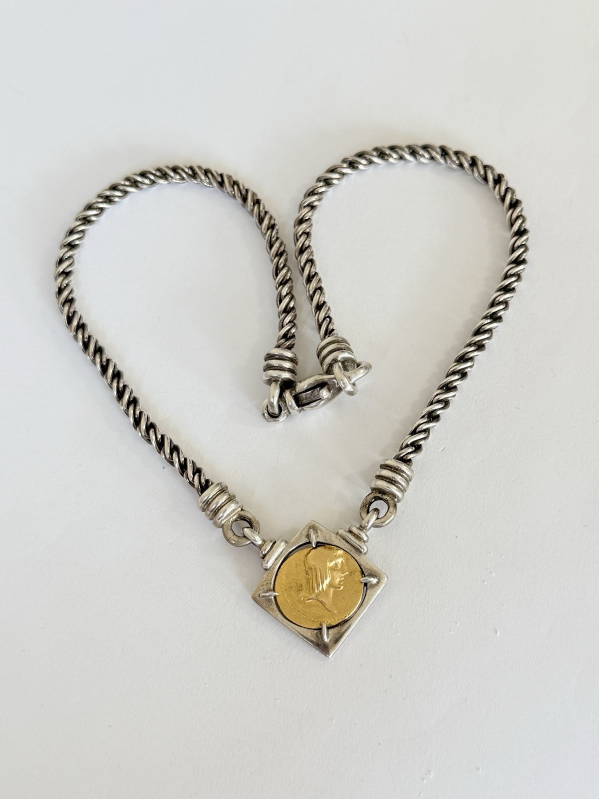 Vintage 925 Sterling Silver Roman Coin Gold Vermeil Chain Necklace 46-Grams