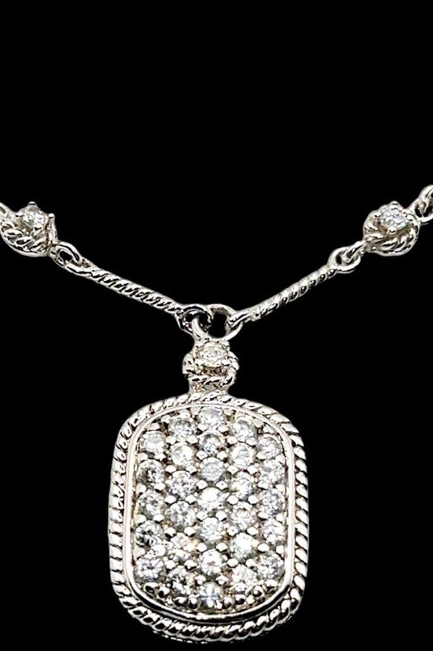ADI Sterling Silver CZ Dog Tag Pendant with Twisted Bar Link Station 18” L Chain