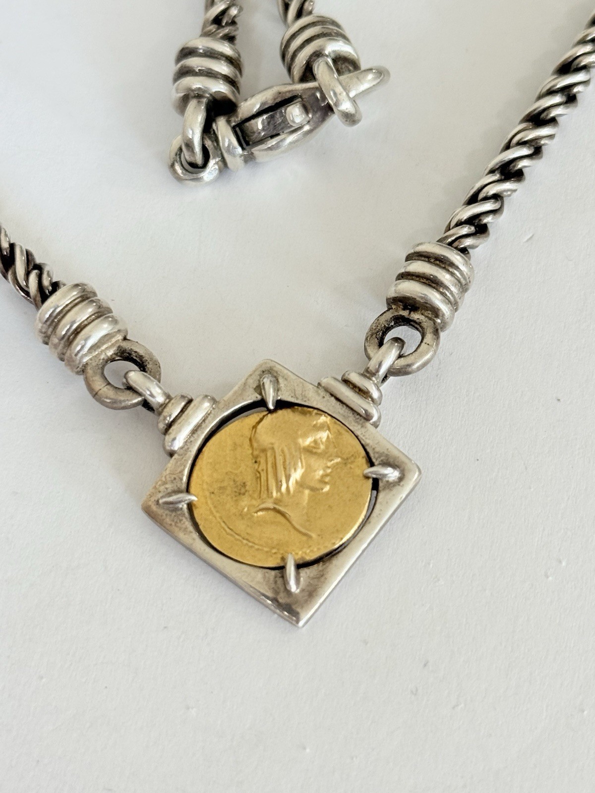 Vintage 925 Sterling Silver Roman Coin Gold Vermeil Chain Necklace 46-Grams