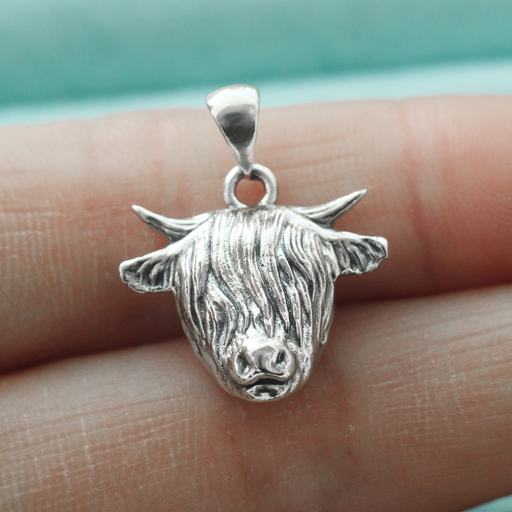 925 Sterling Silver Highland Cattle Cow Pendant Charm Farm Animal For Necklace