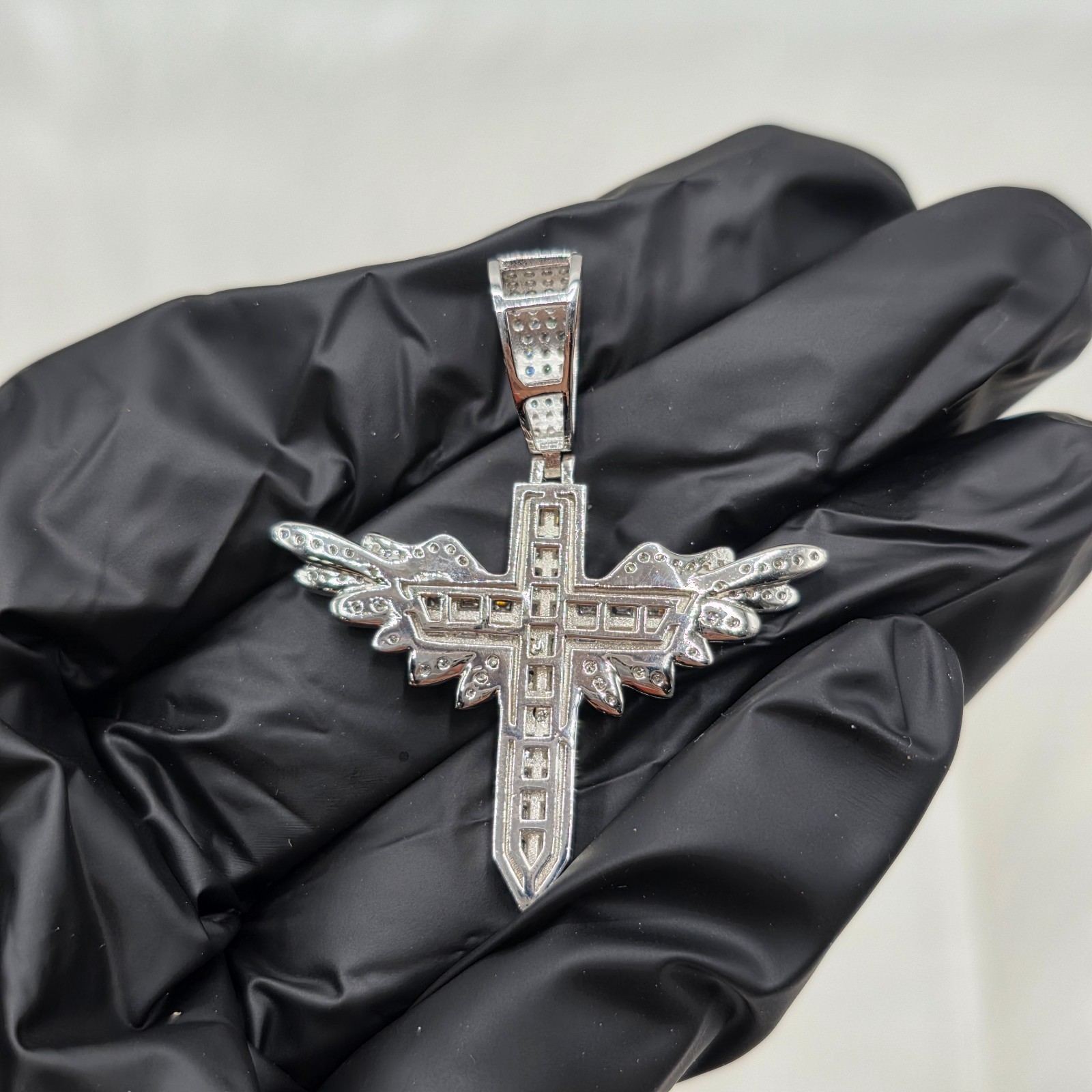 Moissanite Jesus Crucifix Cross Angel Wings Pendant 925 Sterling Silver Lrg Bail