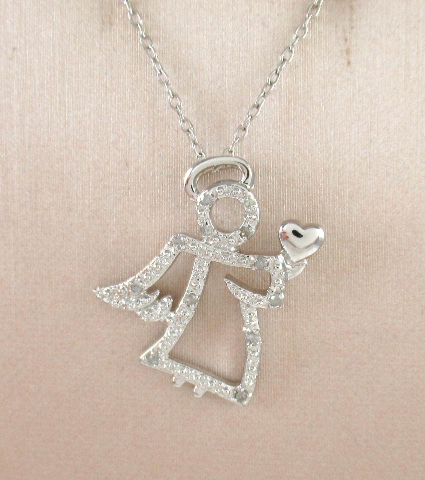 .925 Sterling Silver Diamond Guardian Angel Pendant Necklace Heart & Halo 18″