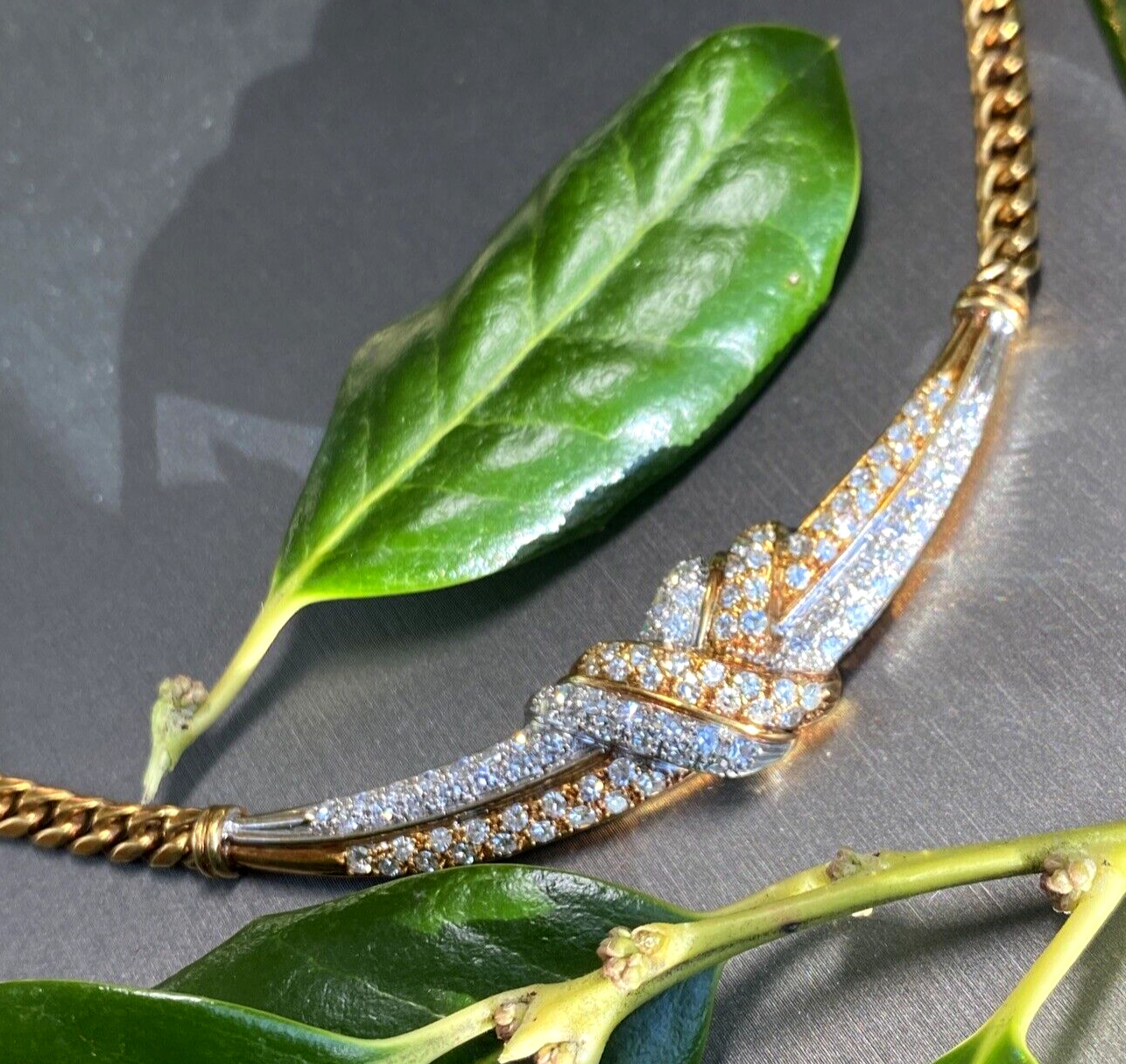 18K Yellow White Gold Diamond Love Knot X Crescent Vintage Cuban Chain Necklace
