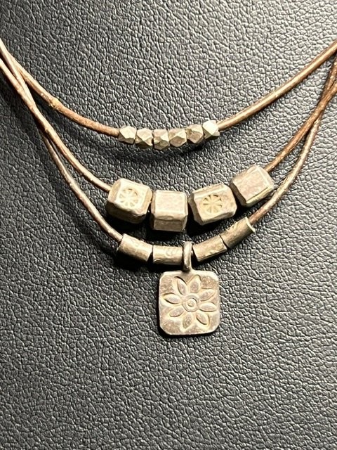 B5730 SATYA vintage patina Layered Necklace Metal Beads Brown Cord 16″