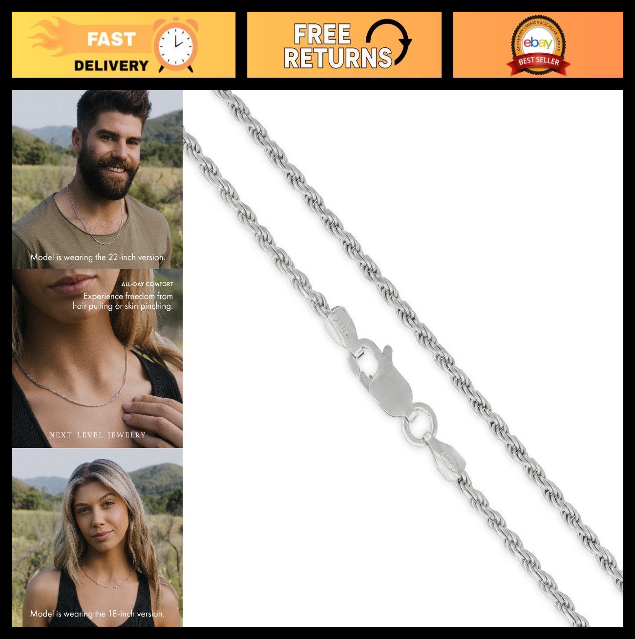 Sterling Silver Rope Diamond-Cut Link Necklace Chain 1.5MM-5.5MM, Men’s Jewelry