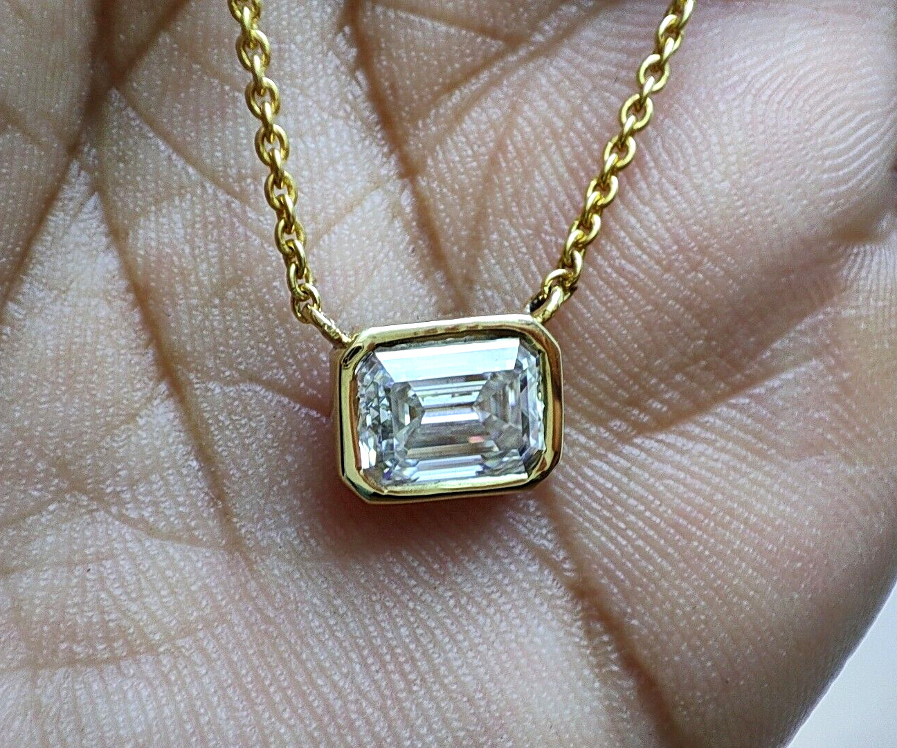 2.00 Ct East-West Emerald Moissanite Solitaire Bezel Set Pendant 14k Yellow Gold