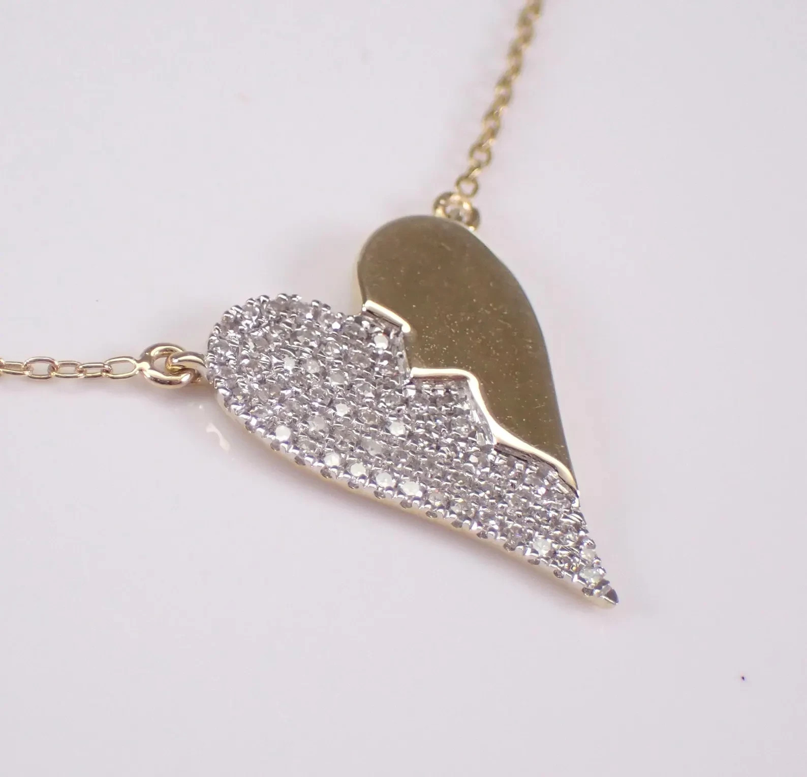 0.80 CT Moissanite Broken Heart Love Pendant Necklace 14k Two Tone Gold Plated