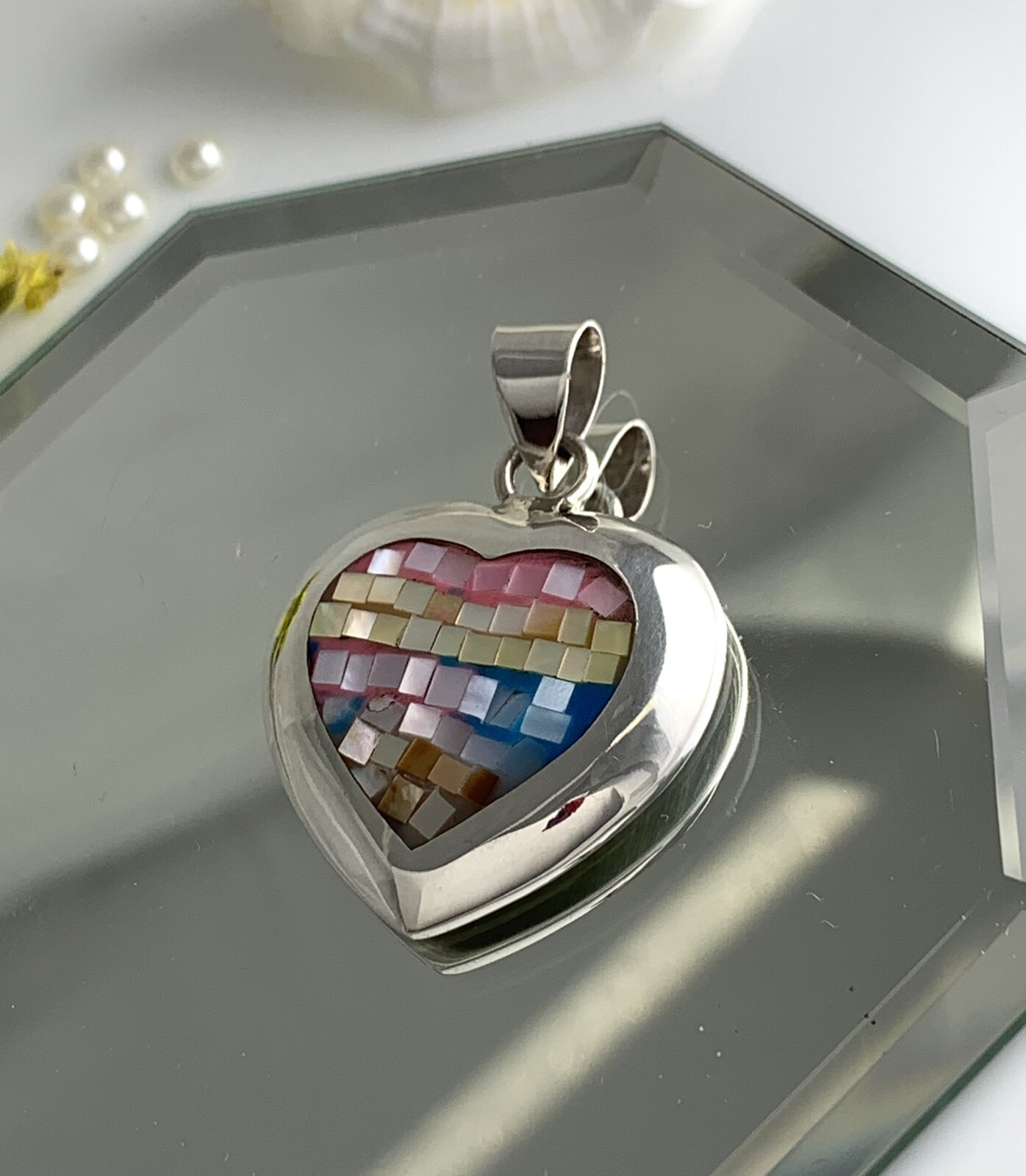 Pendant 925 Sterling Silver HQ Thai ATI Multicolor Mother of Pearl Mosaic Inlay