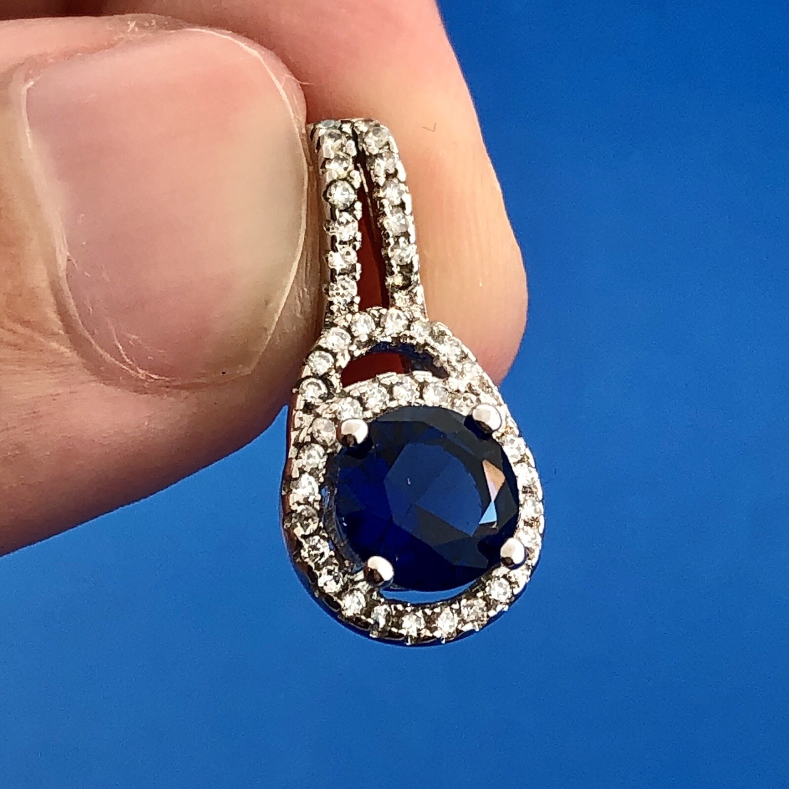 Stunning Sterling Silver 925 Sapphire Diamond Accent September Drop Pendant