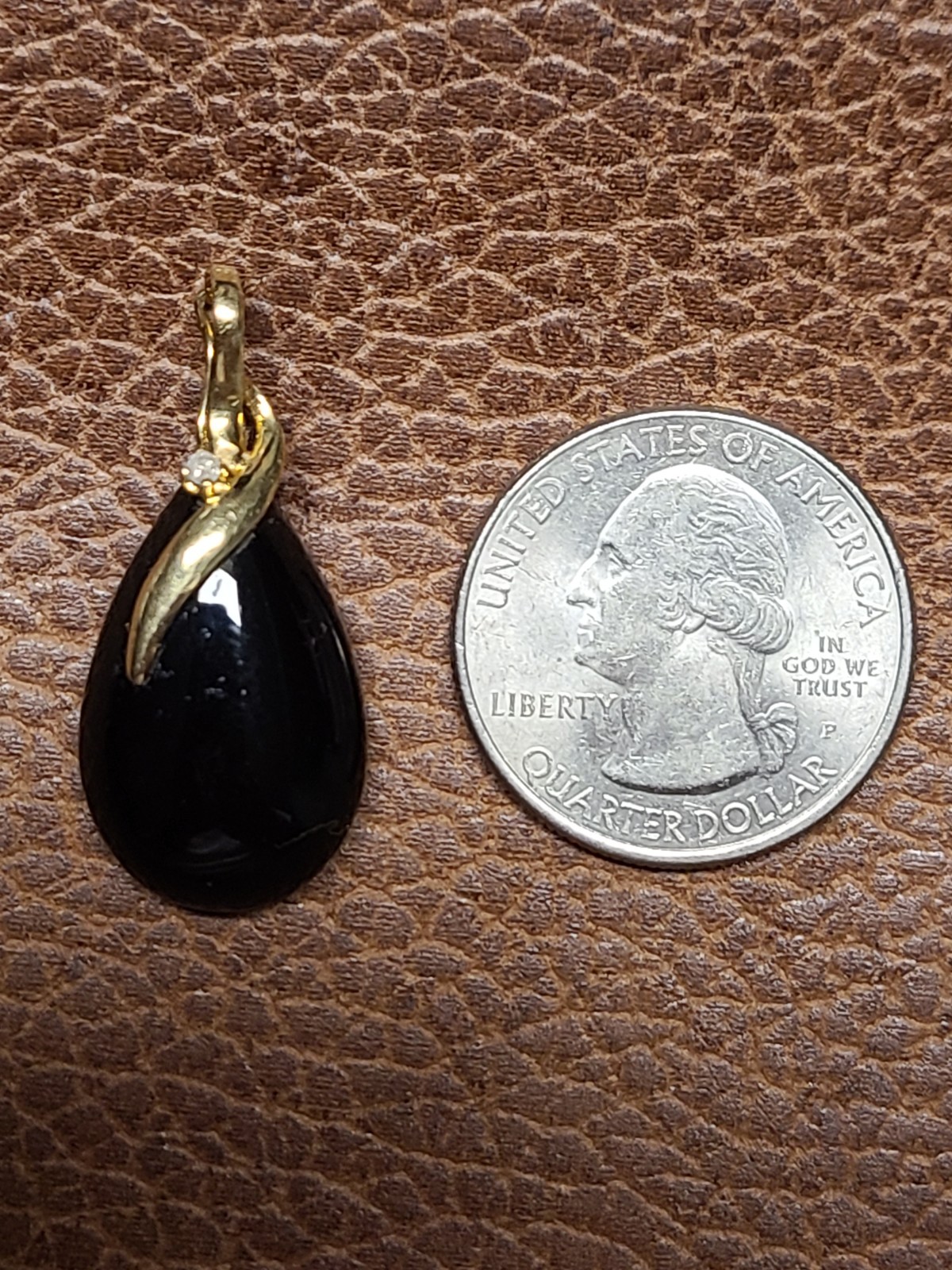 14K Gold Black Onyx & Diamond Enhancer Pendant Large Pear Cabochon Statement
