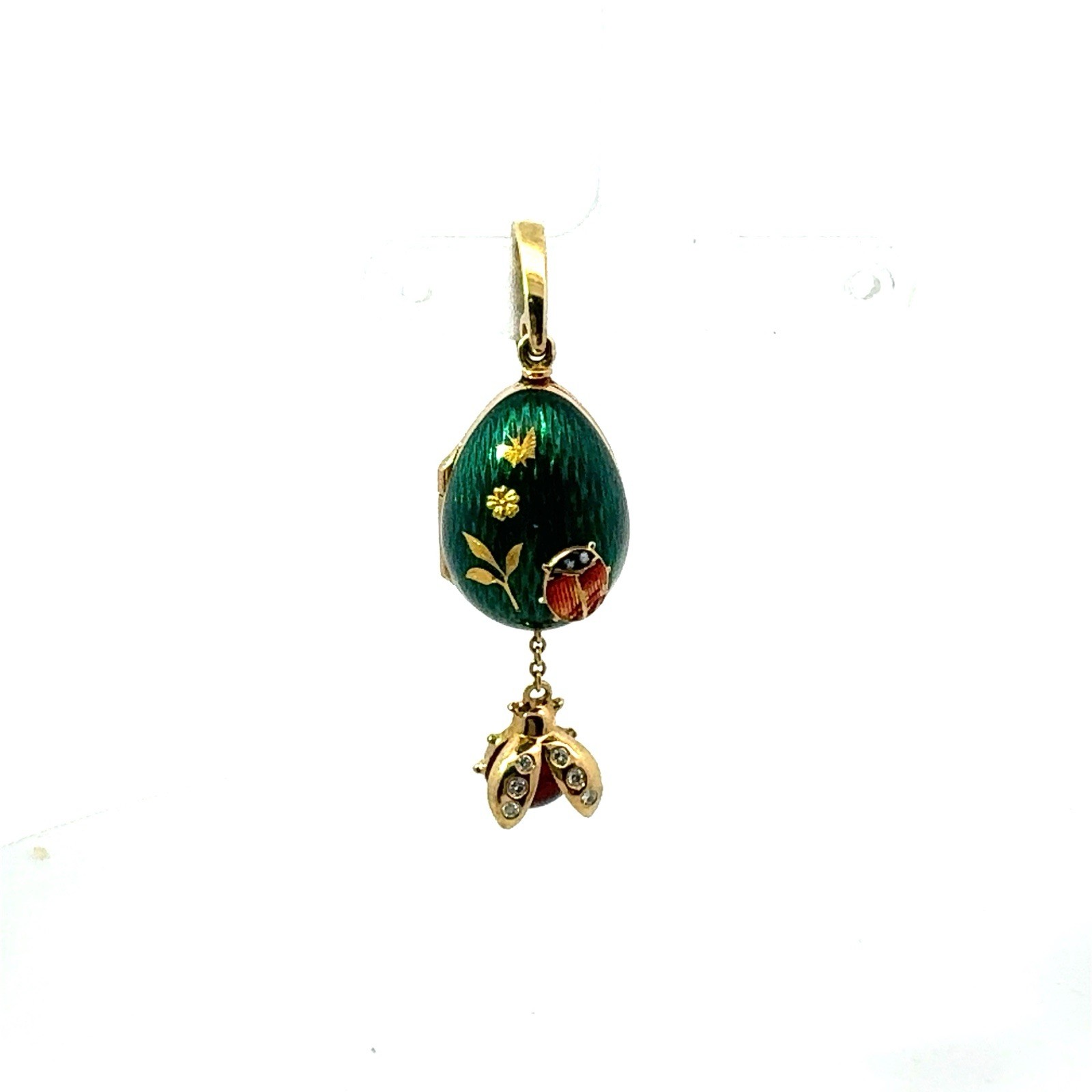 LADYBUG FABERGE EGG 18K YELLOW GOLD GREEN ENAMEL PENDANT /200 With Box