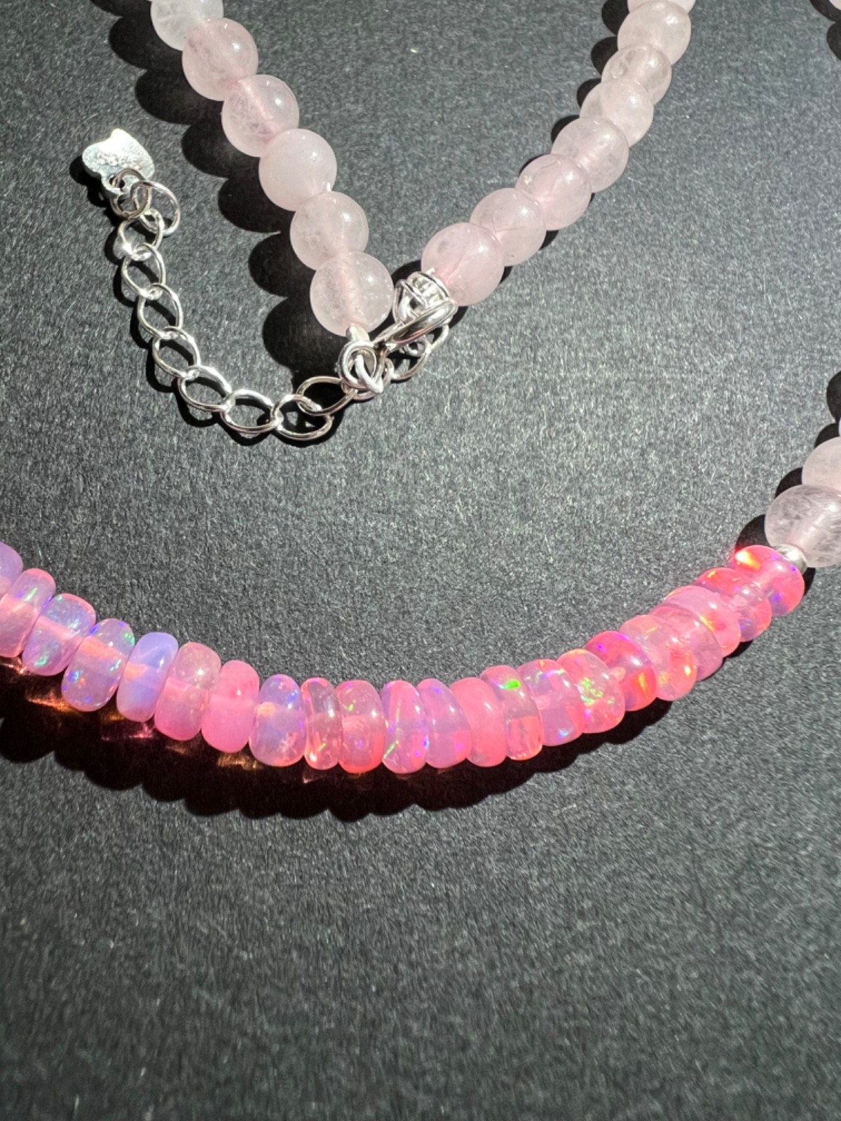 Rose Quartz & Pink Ethiopian Opal beads Choker Necklace in 925 Silver