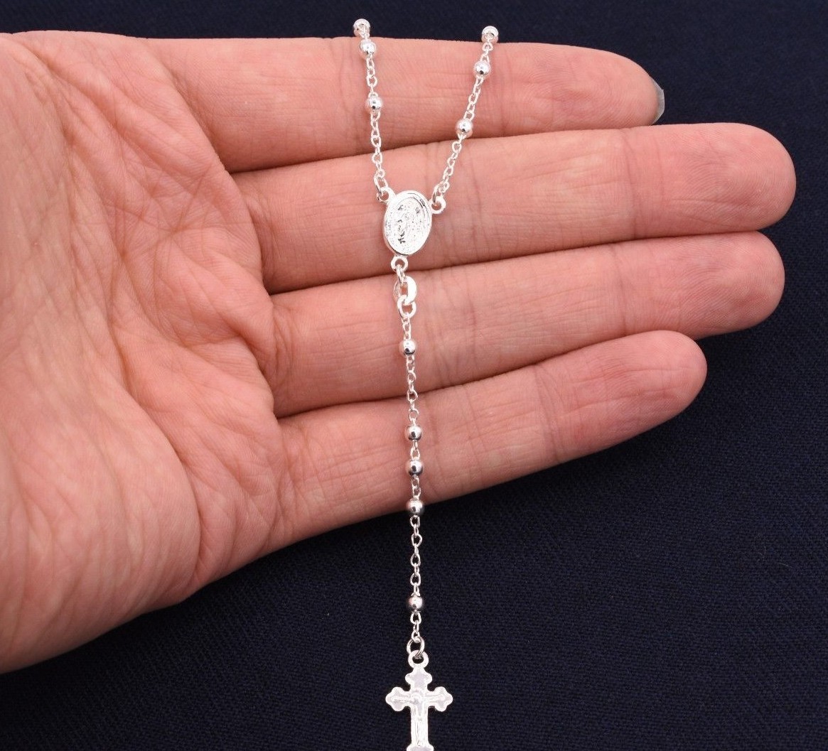 3mm Rosary Shiny Chain Necklace Real Sterling Silver 925 Italian ALL SIZES