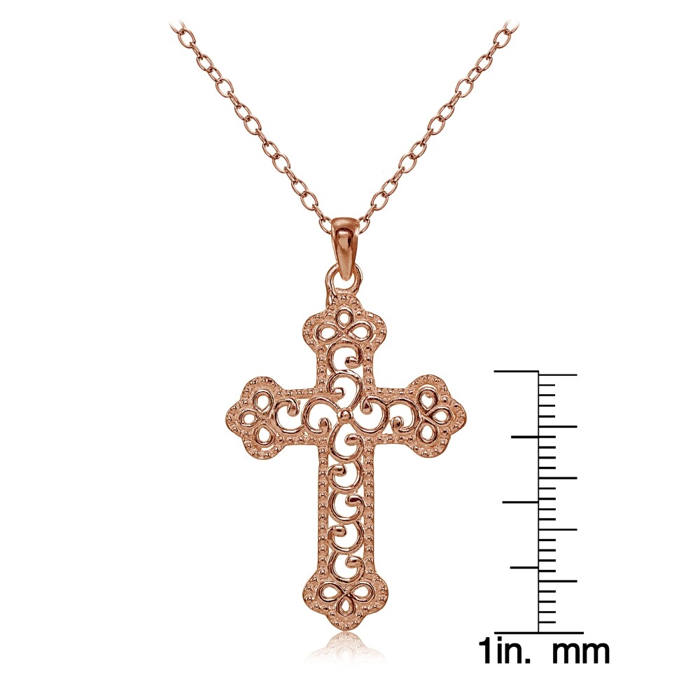Rose Gold Flashed Sterling Silver High Polished Filigree Cross Bottony Necklace