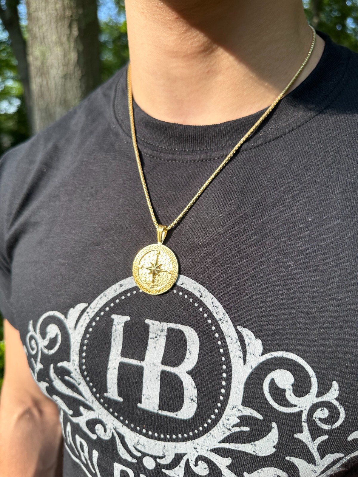 Real 925 Silver / 14k Gold Plated North Star Compass Medallion Pendant Necklace