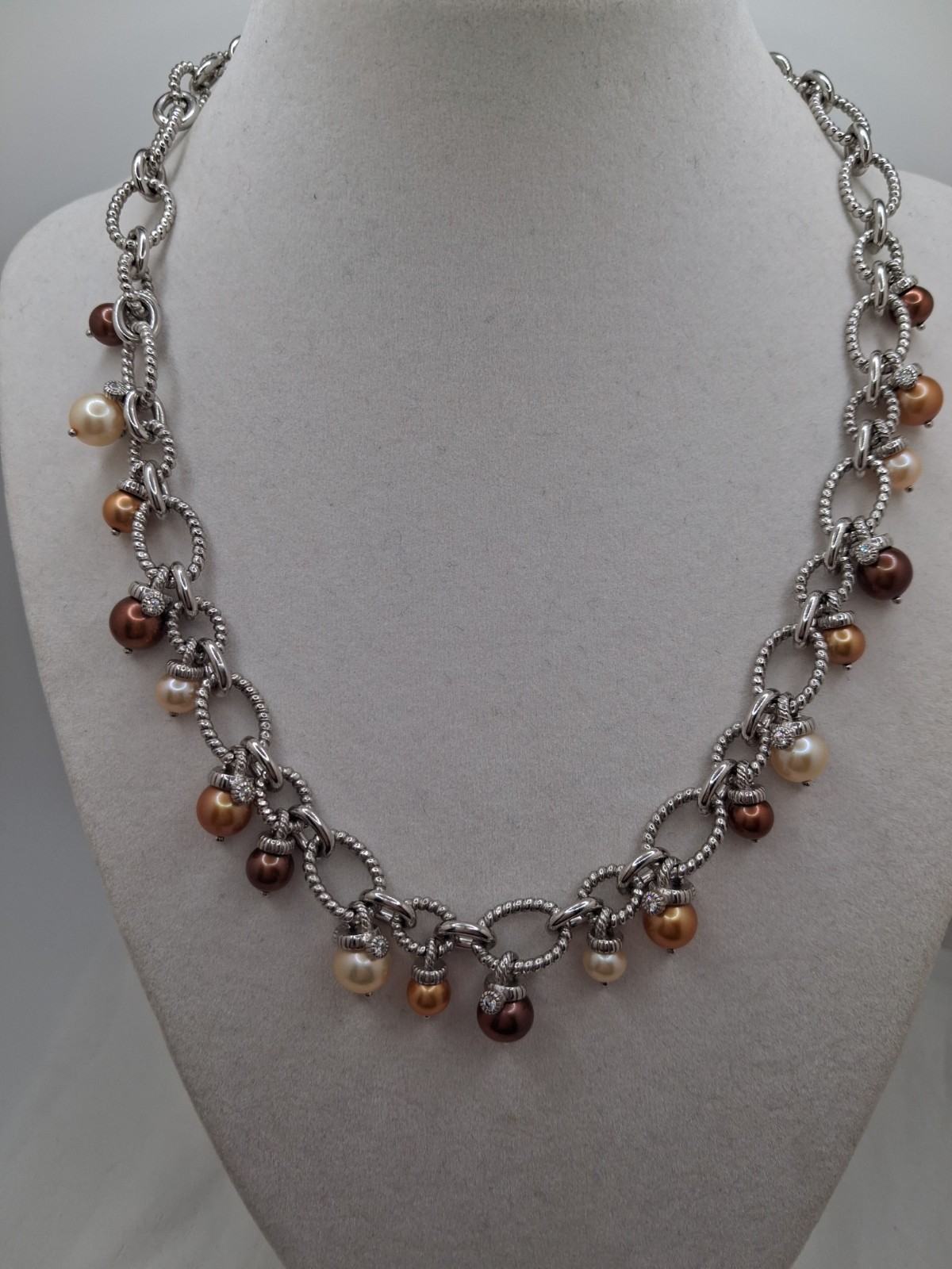 Judith Ripka S925 Multi Gold/Champagn/Choc Cultured Pearl Dangle Necklace-17-19″