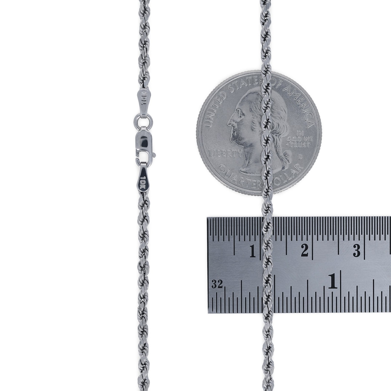 10K White Gold 2mm Diamond Cut Rope Chain Pendant Necklace Mens Women 16″- 30″