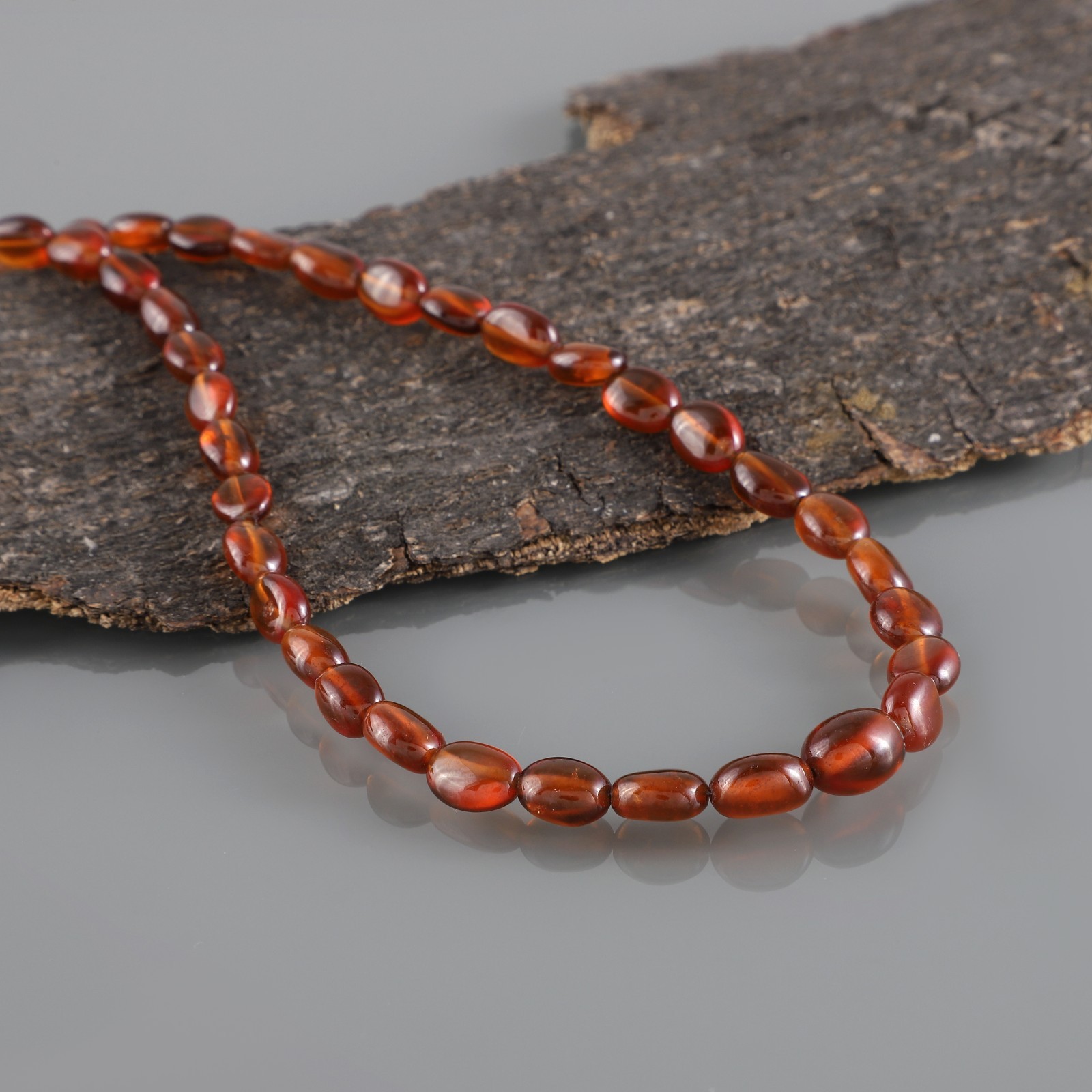 100%Natural Hessonite Garnet Stone Beaded Handmade Necklace Oval 925 Silver