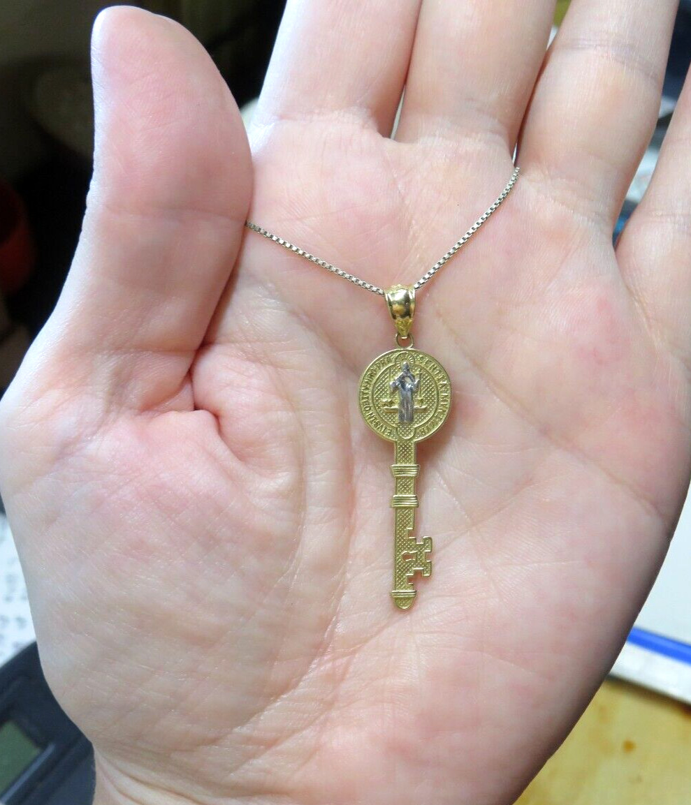 St BENEDICT 14K Yellow & White Gold Religious Key Pendant Charm