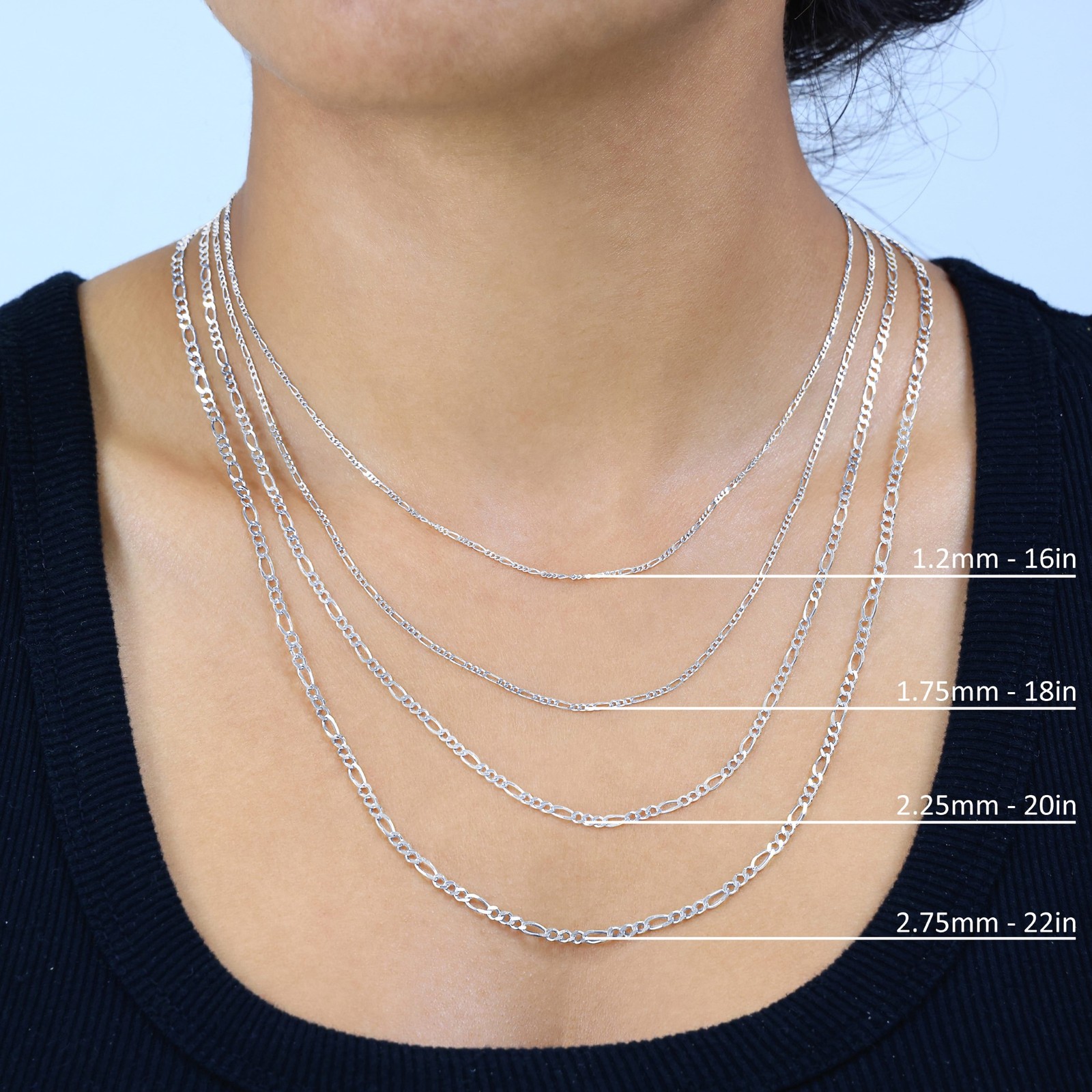 10K White Gold Solid 2.25mm-6.5mm Figaro Chain Necklace Mens Womens 16″- 30″