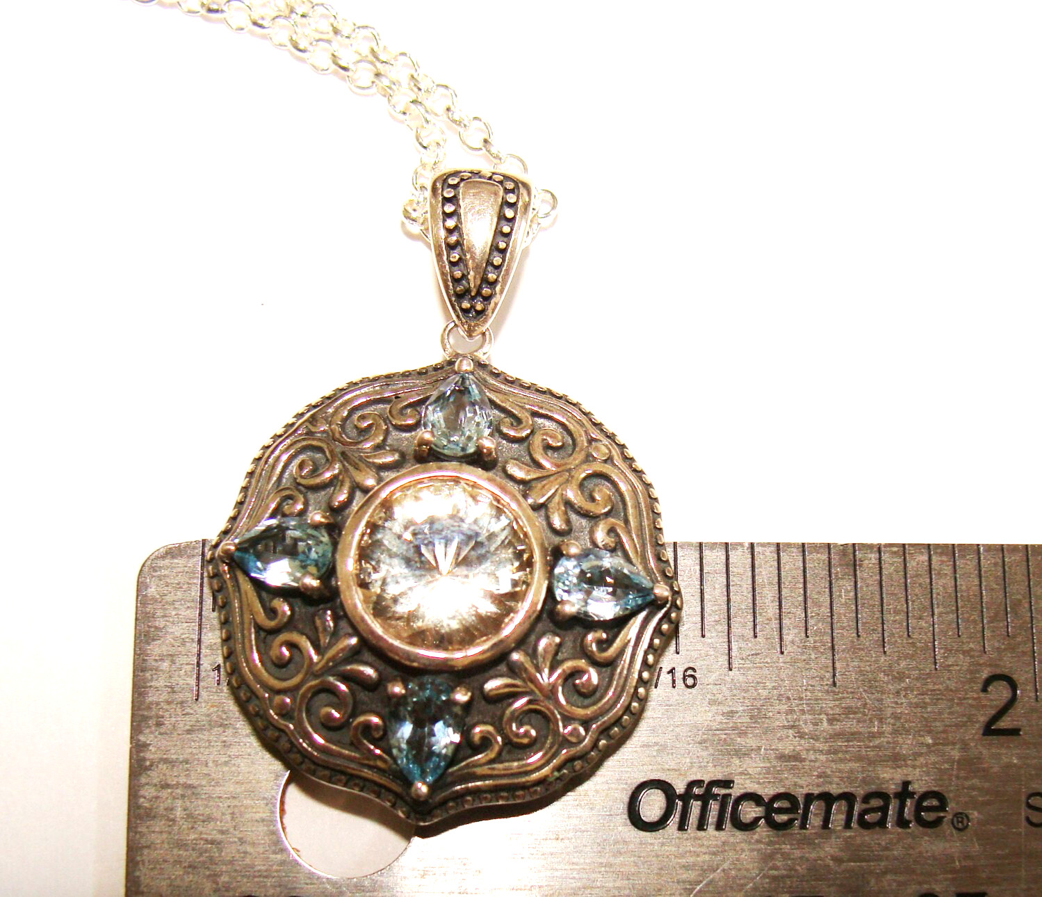 HT Sterling Silver Citrine Blue Topaz Round Shield Ethnic Pendant & 18″ Necklace