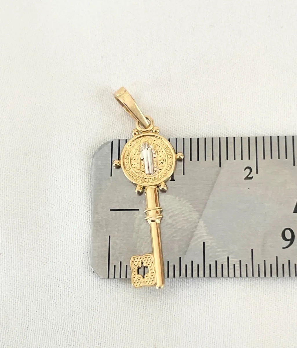 10k Yellow Gold Saint Benedict San Benito Key Pendant 2.8 Cm Made In MEXICO