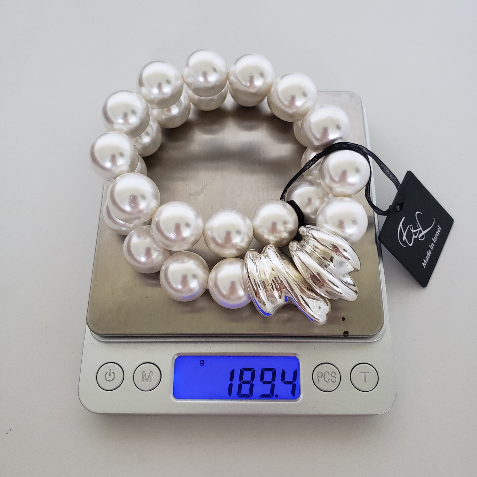 E&L Israel Sterling Silver Electroform Shell Pearl Beaded Necklace 18″