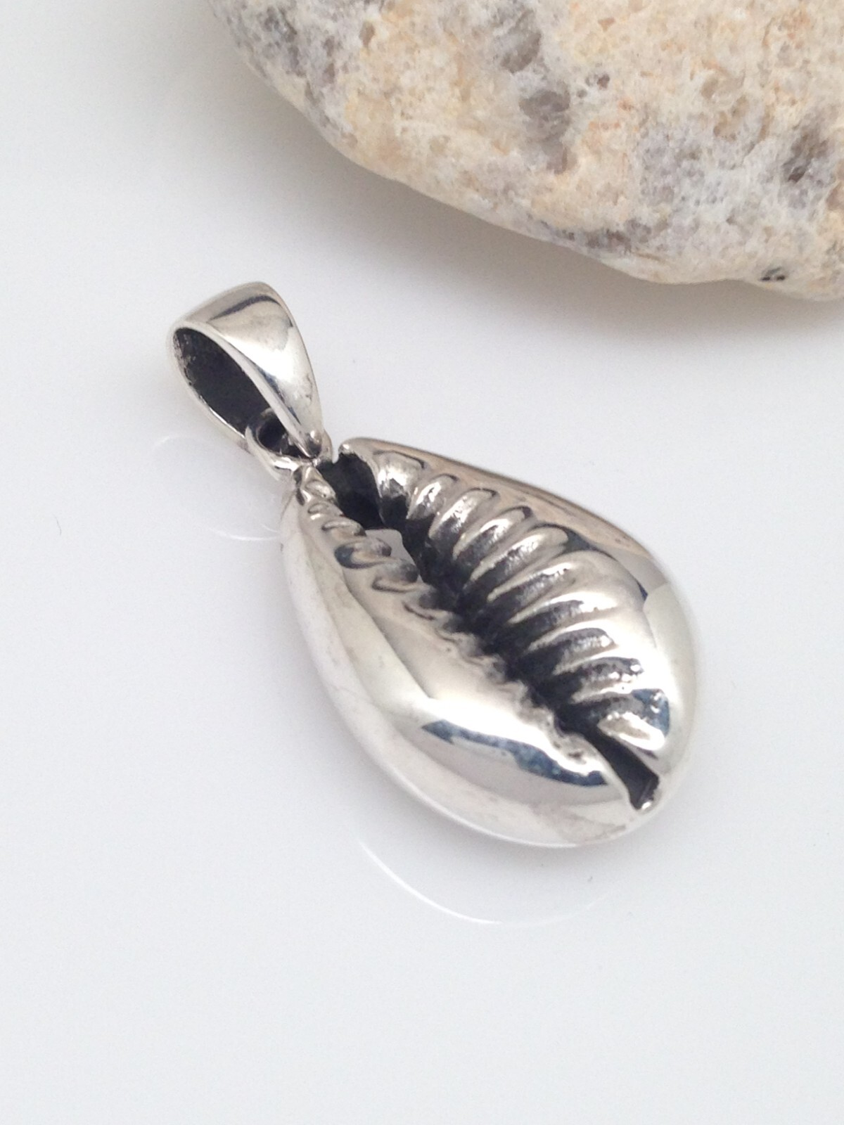 Cowry Cowrie Shell Pendant 925 Sterling Silver Heavy Beach Charm 21mm (30mm)
