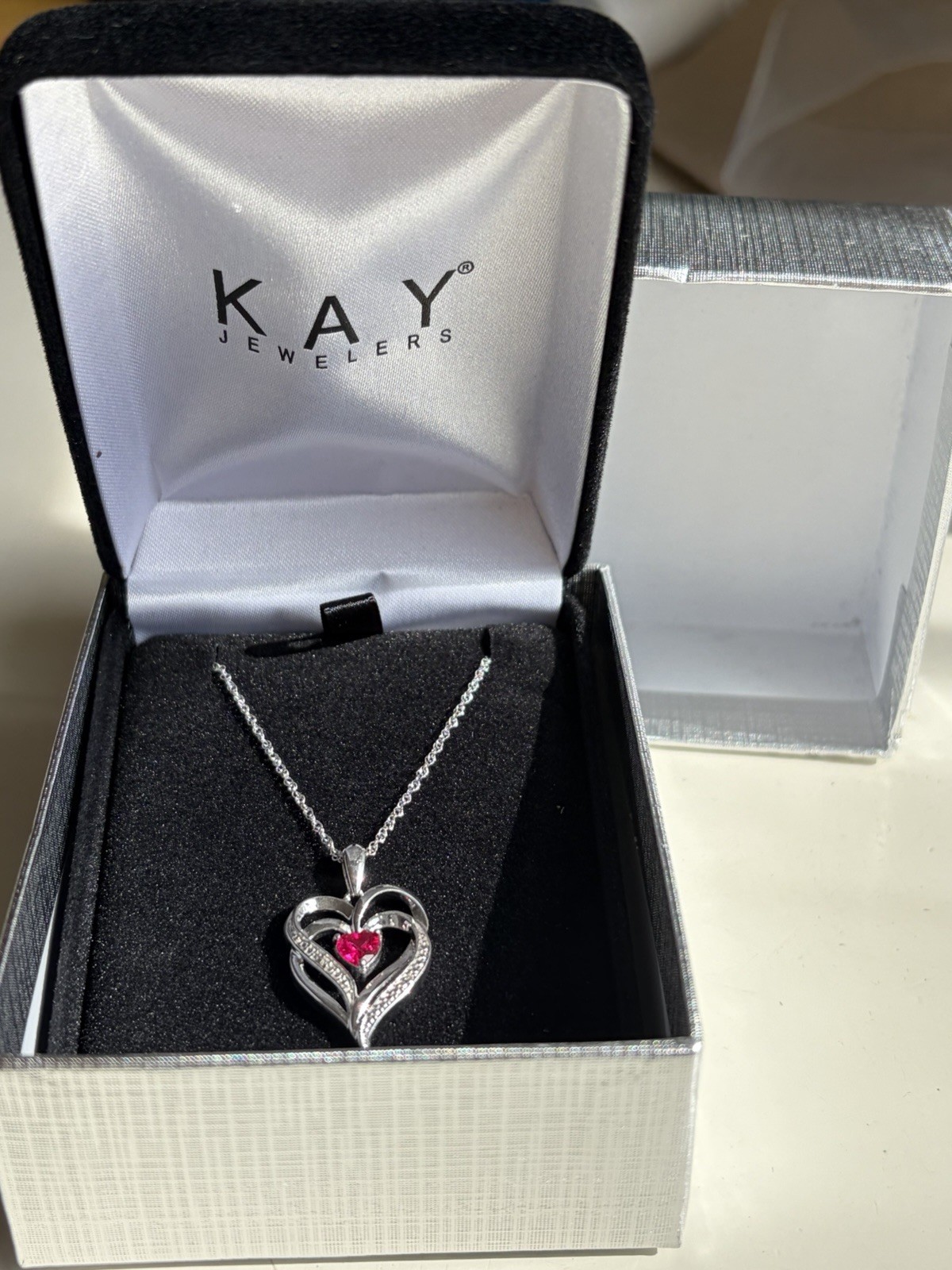 Diamond & Ruby Sterling Silver Heart Pink Stone Pendant Necklace Kay retail $200