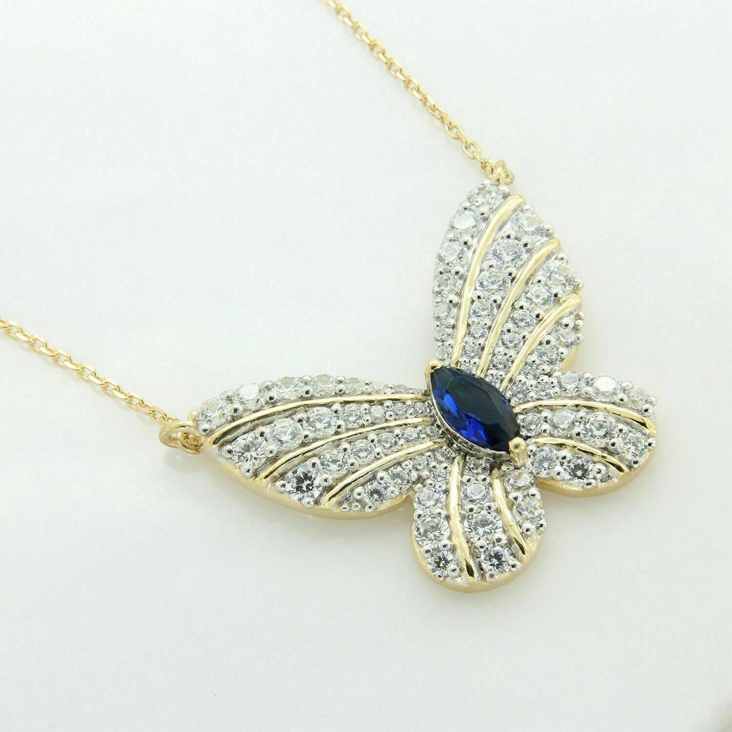 3 CT Blue Sapphire Marquise Pave Diamond Butterfly Necklace 14k Yellow Gold Over