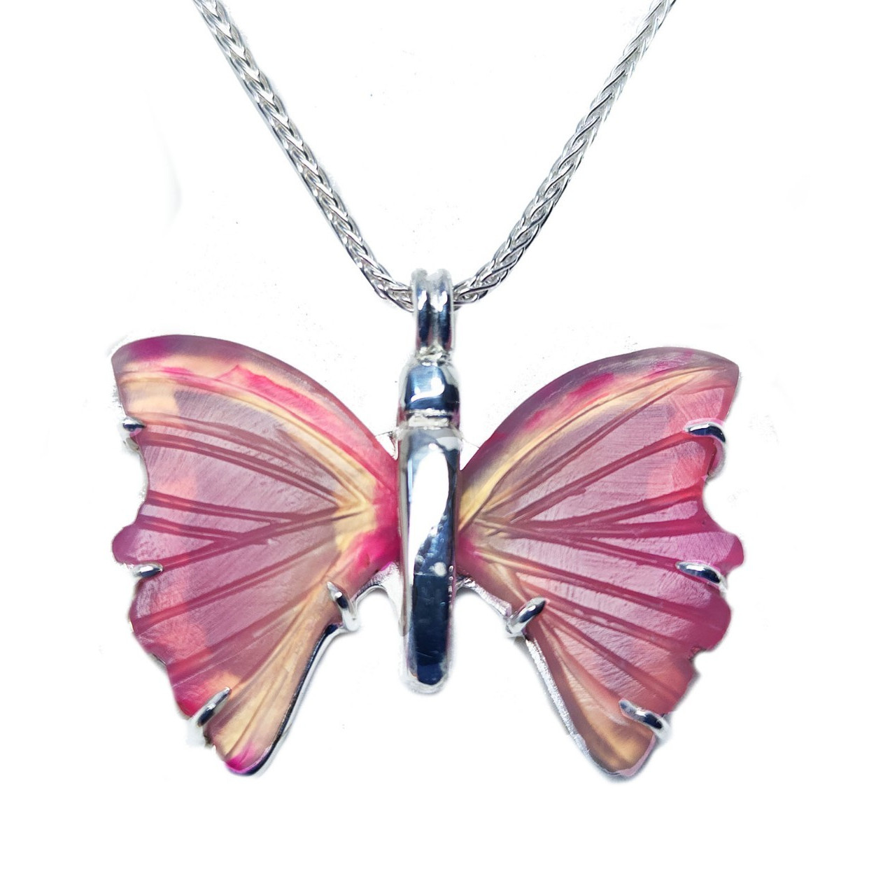 Sterling Silver Butterfly Pink Agate Pendant 18″ Necklace Sweet 16 Jewelry Gift
